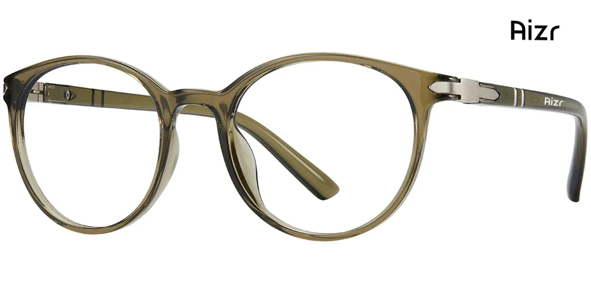 Round eyeglasses with a green frame on a white background, branded 'Rizr'.
