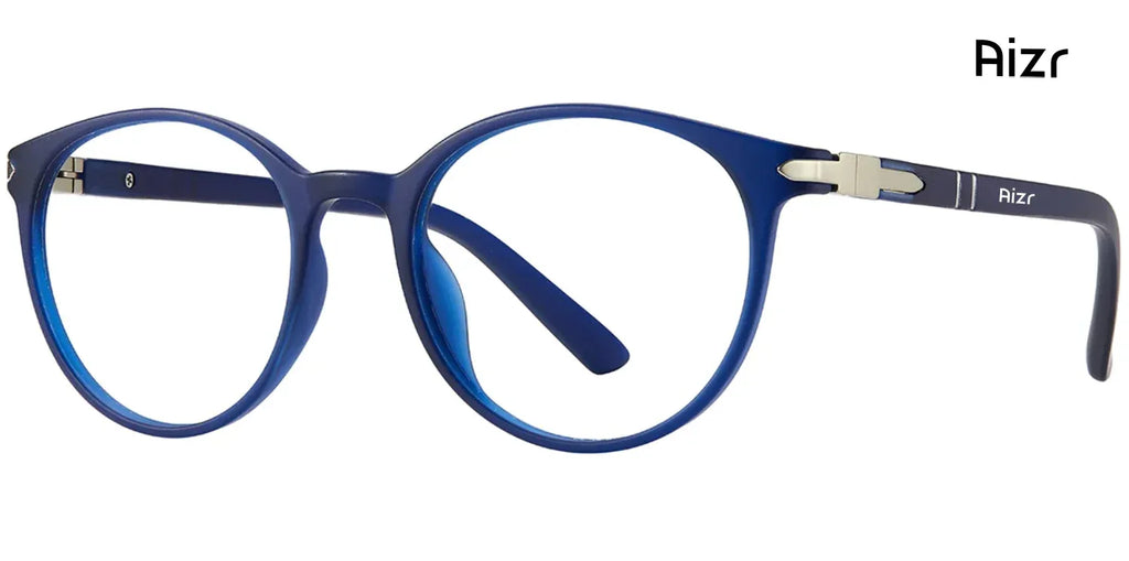 Blue eyeglasses with 'Rizr' branding on a white background
