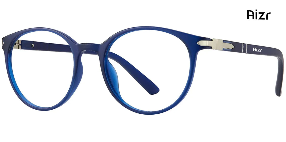 Blue eyeglasses with 'Rizr' branding on a white background