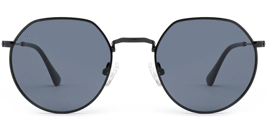 Round sunglasses with black frames and dark lenses on a white background