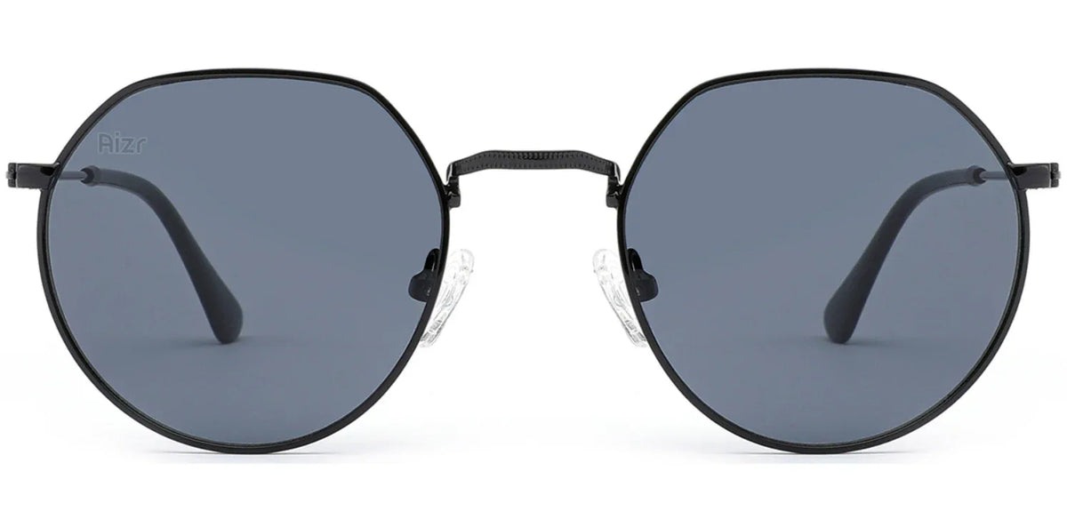 Round sunglasses with black frames and dark lenses on a white background