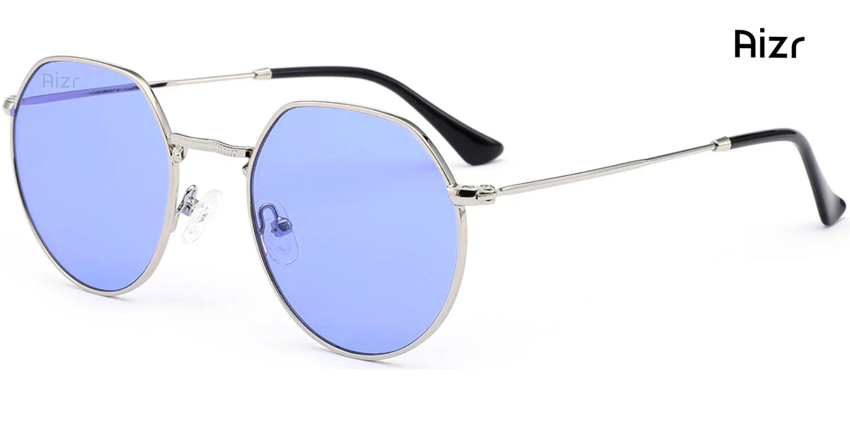 Round sunglasses with blue lenses and silver frames on a white background, branded 'Aizr'.