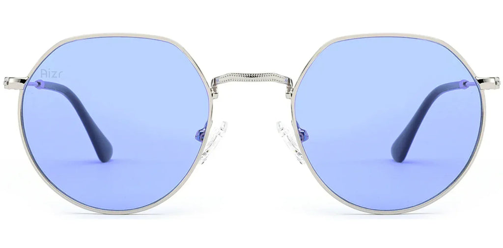Sunglasses with blue lenses and silver frames on a white background