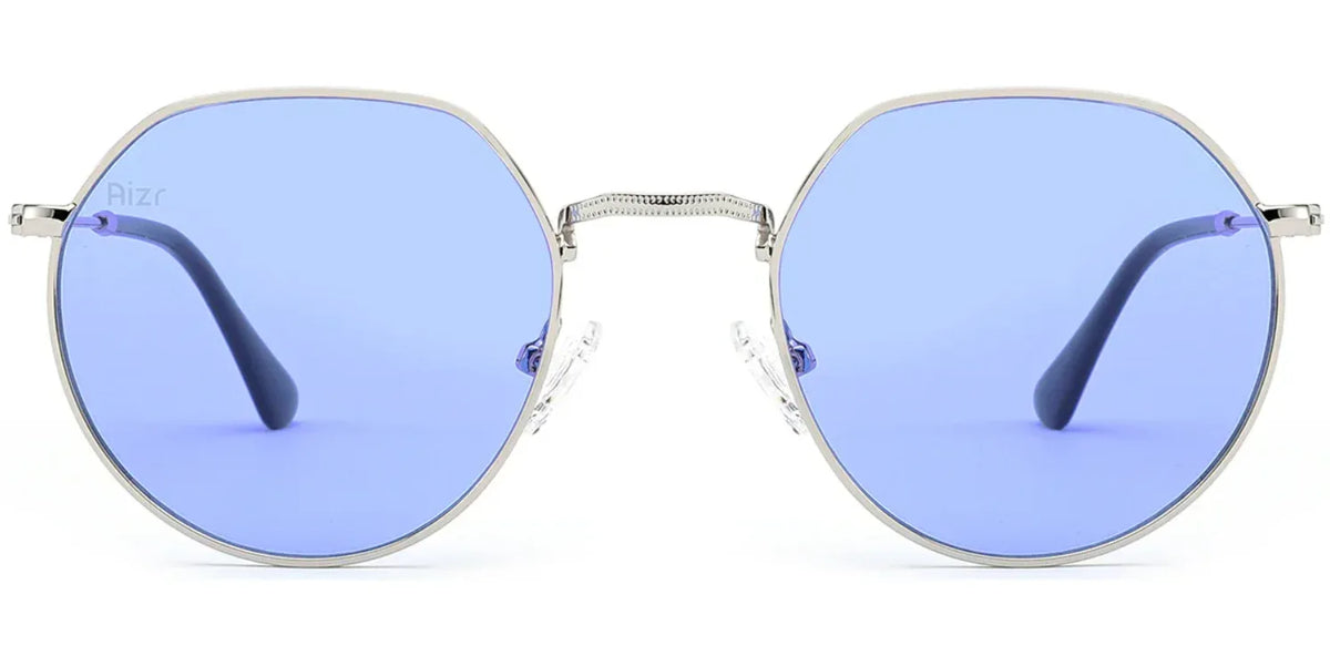 Sunglasses with blue lenses and silver frames on a white background
