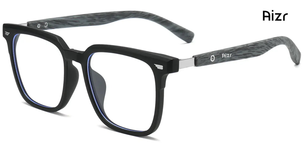 Black eyeglasses with blue accents on a white background, featuring the brand 'Aizr'.