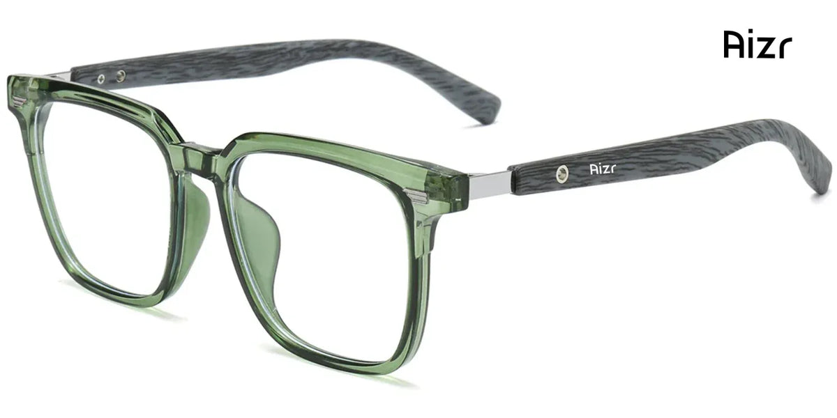 Green eyeglasses with gray accents on a white background, featuring the brand 'Aizr'.