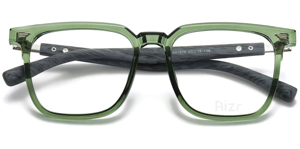 Green eyeglasses with black accents on a white background