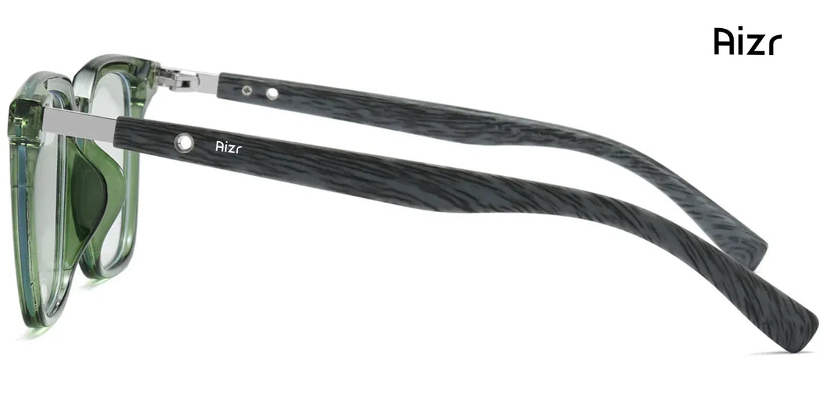 Sunglasses with green lenses and black frame on a white background, branded 'Aiizr'.
