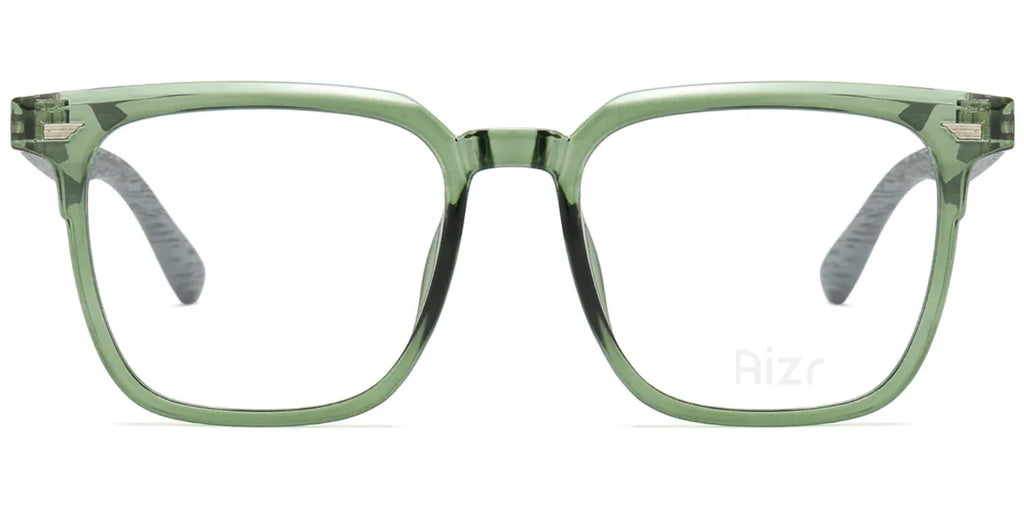 Green eyeglasses with a subtle pattern on a white background