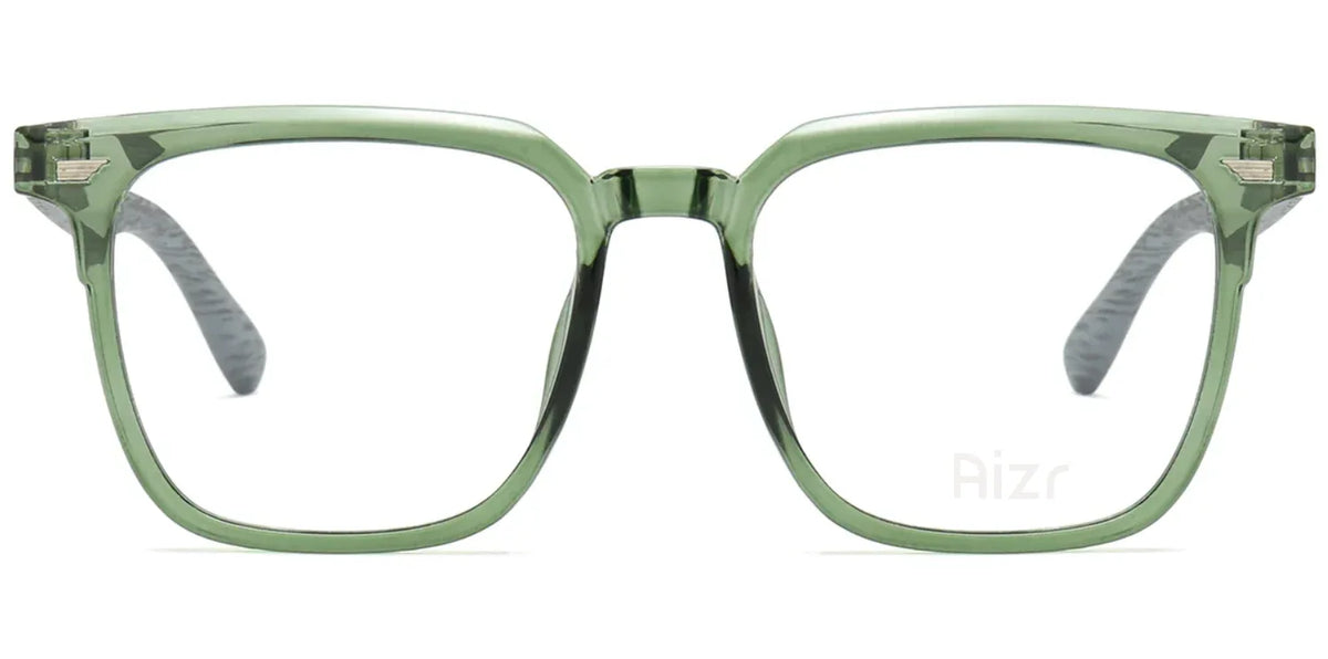 Green eyeglasses with a subtle pattern on a white background
