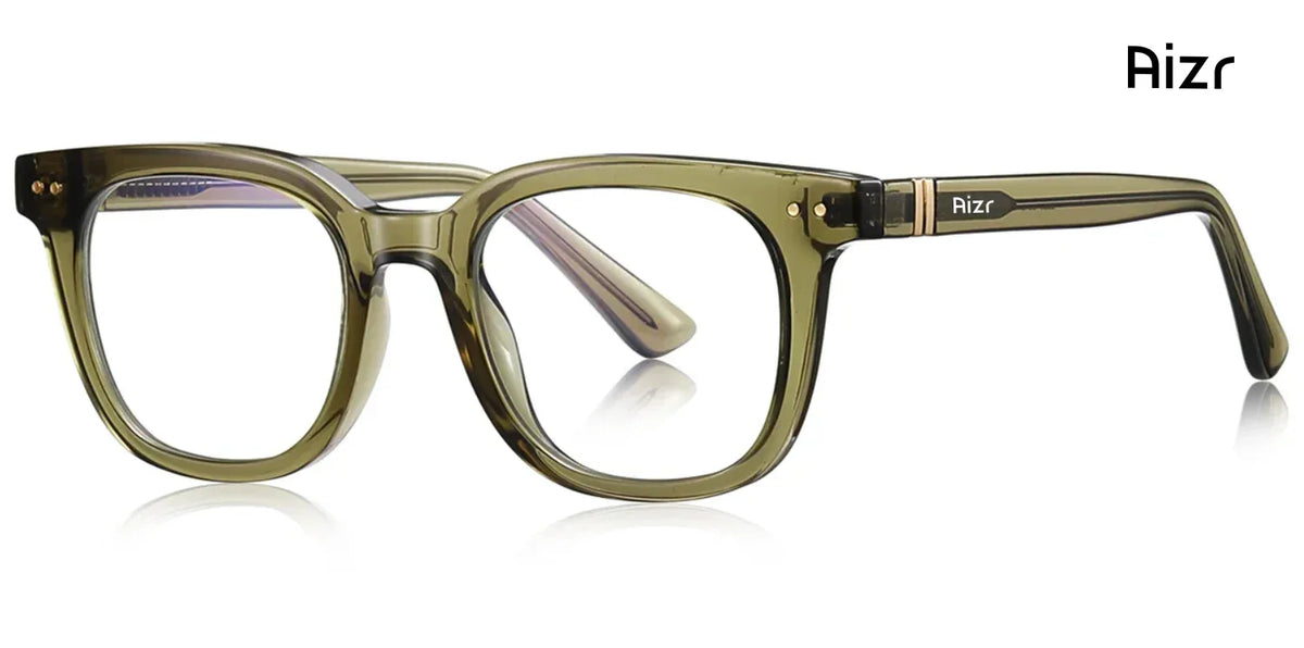 Green eyeglasses with 'Aizr' branding on a white background