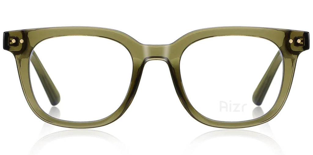 Green eyeglasses with a reflective surface
