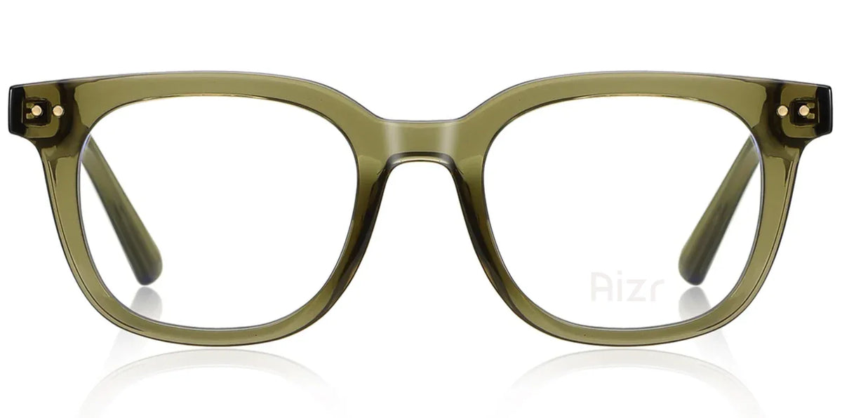 Green eyeglasses with a reflective surface