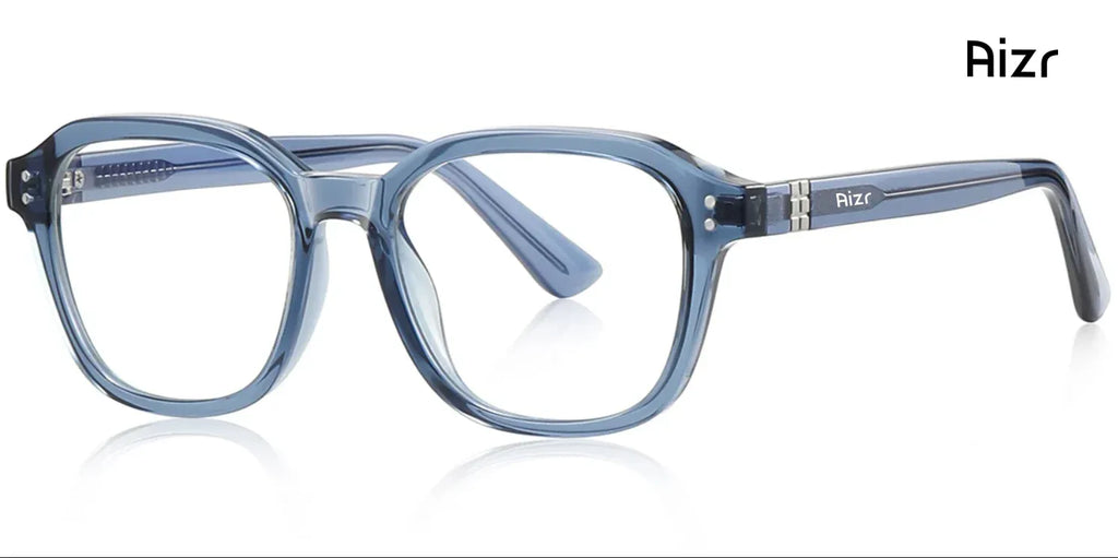Blue eyeglasses with Aizr' branding on a white background