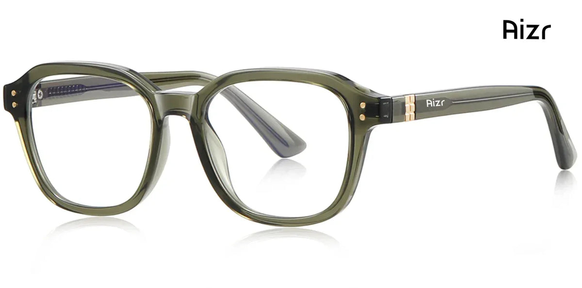 Green eyeglasses with 'Azr' branding on a white background