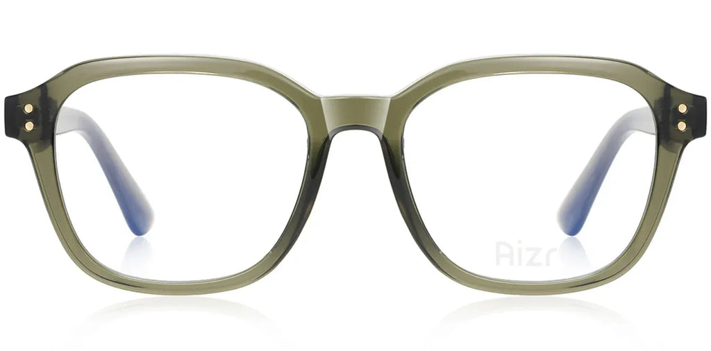 Green eyeglasses with blue temples on a white background