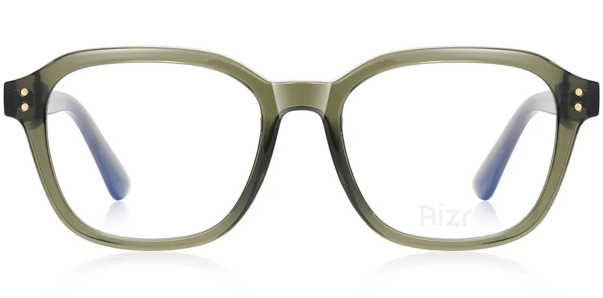 Green eyeglasses with blue temples on a white background