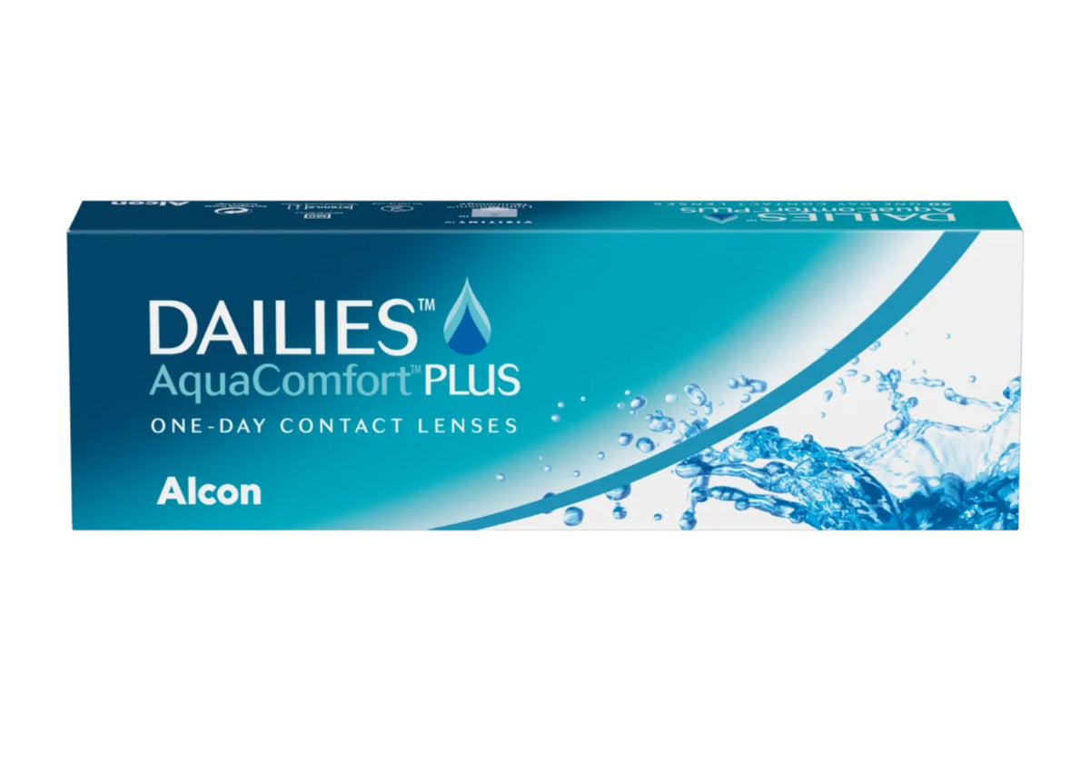 Alcon Dailies AquaComfort Plus one-day contact lenses in a blue and white box, featuring a water splash graphic on the right side.