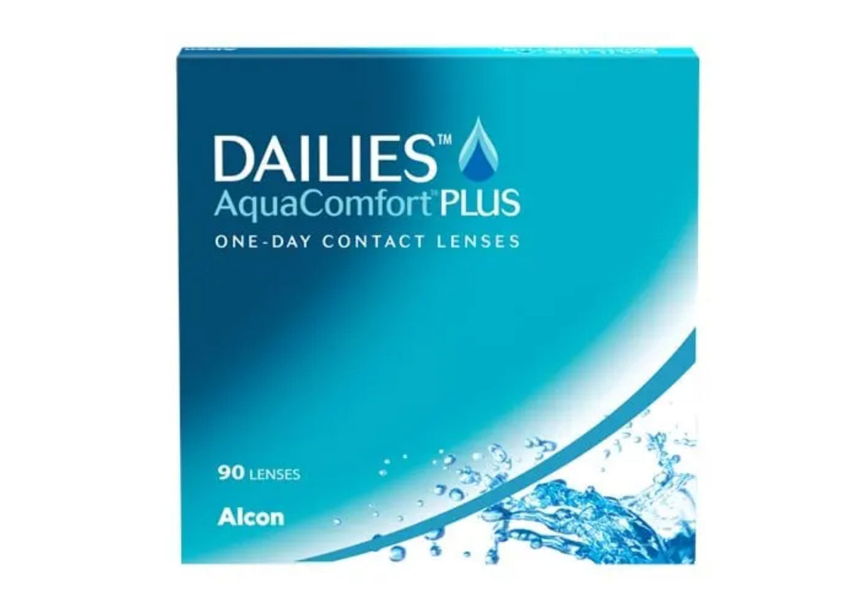 Alcon Dailies AquaComfort Plus contact lens box, 90 lenses, featuring a blue and teal gradient with water splash graphics.