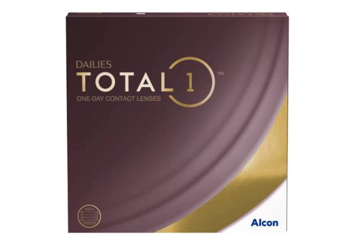 Alcon Dailies Total 1 One-Day Contact Lenses box packaging, featuring a dark plum purple background with gold lettering and a gold curved accent stripe.
