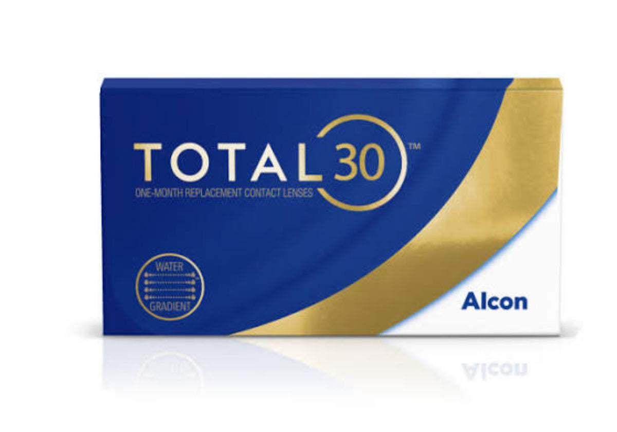 Alcon Total 30 One-Month Replacement Contact Lenses box packaging, featuring a blue and gold design with a white corner and a subtle reflection below.