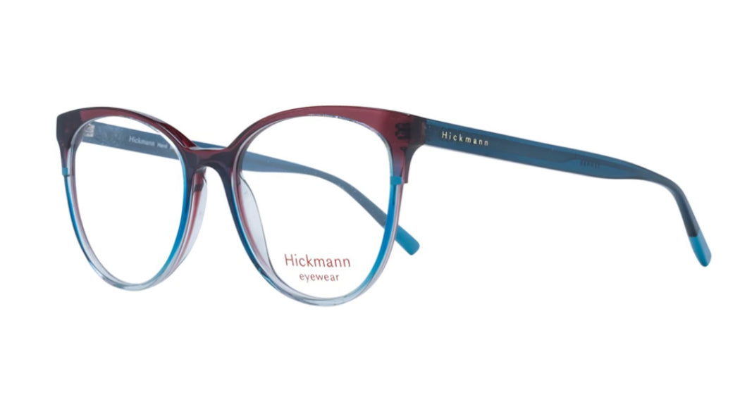 Hickmann eyewear round cat-eye frames in a translucent maroon and blue gradient, with clear lenses and blue temple tips, shown on a white background.