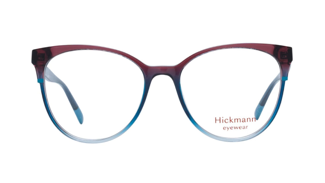 A pair of cat-eye eyeglasses with a translucent burgundy-to-blue gradient frame, shown from the front on a white background. The brand name 'Hickmann eyewear' is printed in red on the lower right lens.