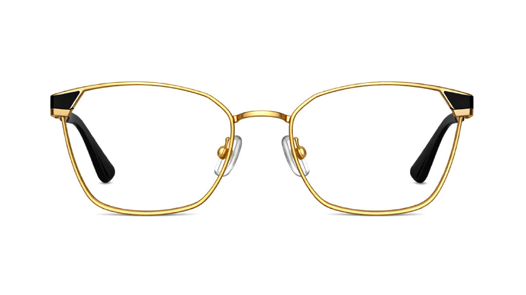 Gold metal eyeglass frames with a thin geometric border design and black temple tips, shown on a plain white background.