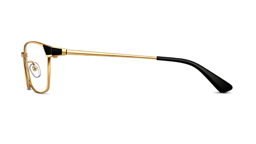 A pair of men's metal eyeglasses with a gold-tone frame, black temple tips, and a clear lens, shown from a side profile on a white background.