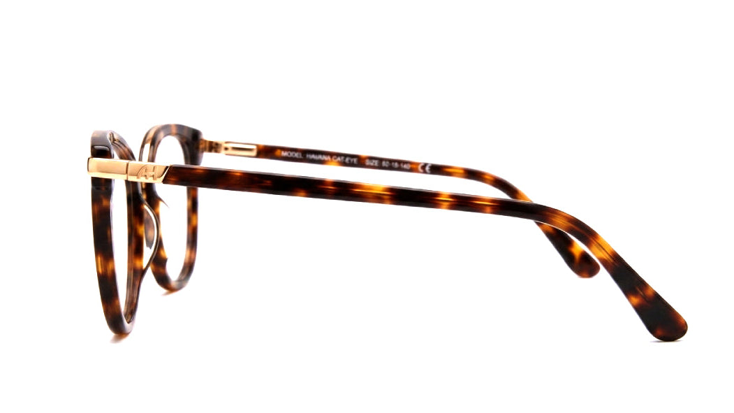 A pair of round-frame eyeglasses in a classic tortoiseshell pattern with gold metal rims and temples, shown from a side profile on a white background.