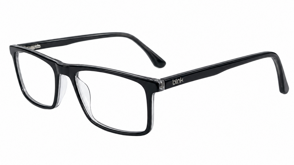 Black acetate rectangular eyeglasses with clear lenses and a silver-tone 'bik' logo on the temple arm, shown on a plain white background.