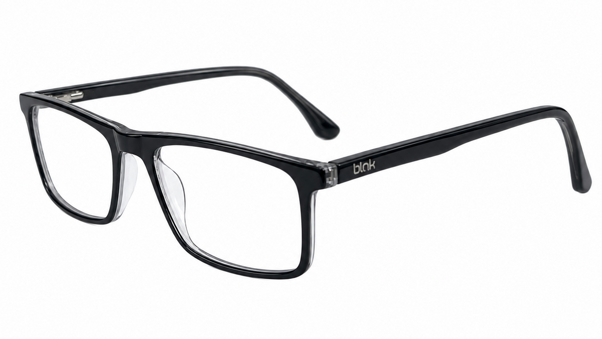 Black acetate rectangular eyeglasses with clear lenses and a silver-tone 'bik' logo on the temple arm, shown on a plain white background.