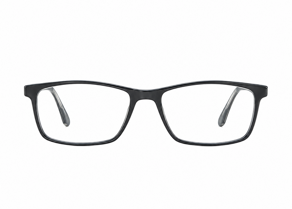 A pair of eyeglasses with a thick, matte black rectangular frame and clear lenses, shown from a front-facing perspective on a solid white background.