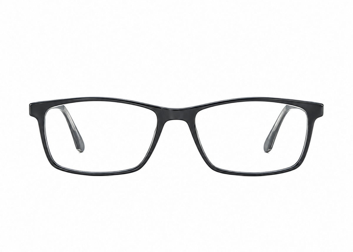 A pair of eyeglasses with a thick, matte black rectangular frame and clear lenses, shown from a front-facing perspective on a solid white background.