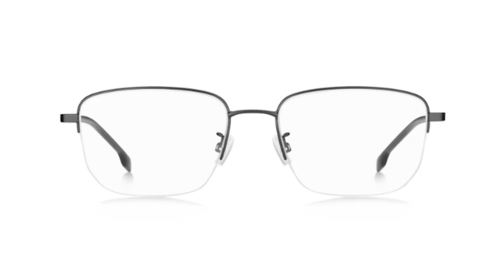 A pair of semi-rimless eyeglasses with a thin dark gray metal frame and clear lenses, shown from the front on a white background.