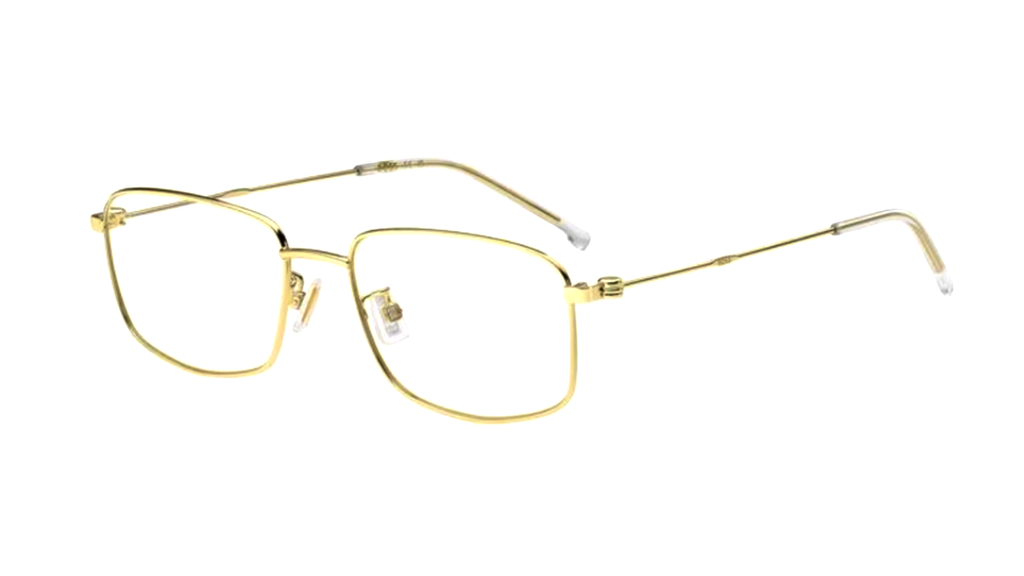 Gold metal eyeglass frames with a double bridge and square-shaped lenses, shown on a plain white background.