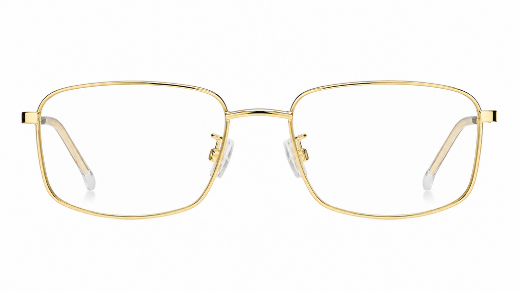 Gold metal eyeglass frames with clear lenses and white nose pads, shown from the front on a white background.