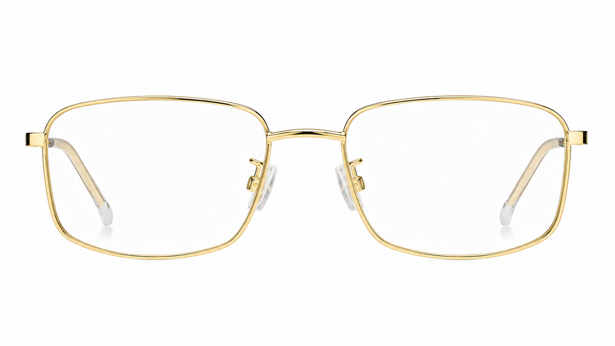 Gold metal eyeglass frames with clear lenses and white nose pads, shown from the front on a white background.
