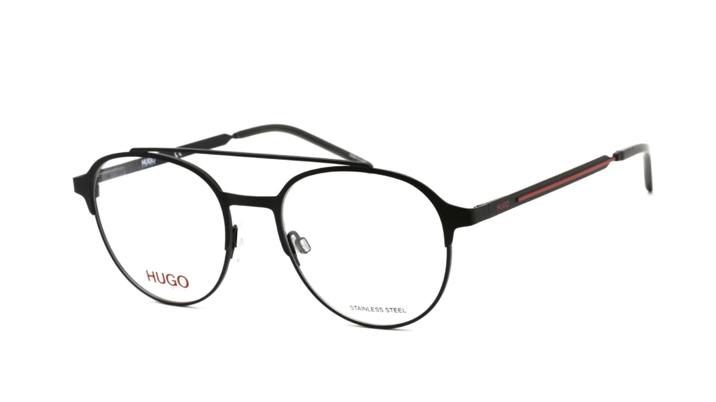 Hugo round metal eyeglasses with a black frame and red accents on the temples, shown on a white background.