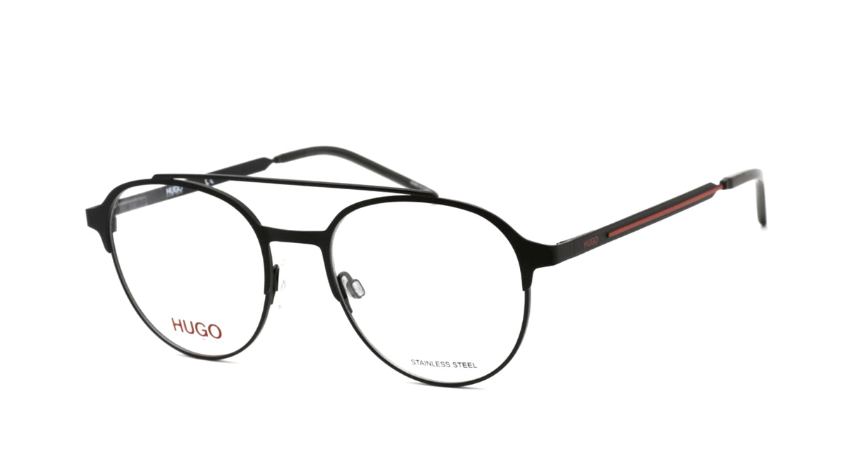 Hugo round metal eyeglasses with a black frame and red accents on the temples, shown on a white background.