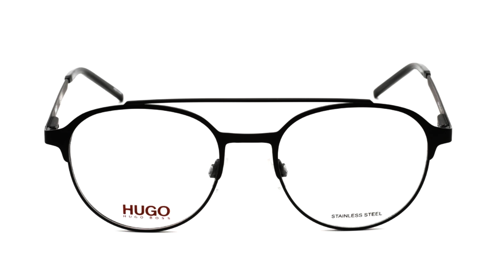 Hugo stainless steel eyeglasses with a black double-bridge frame and clear lenses, shown against a plain white background.