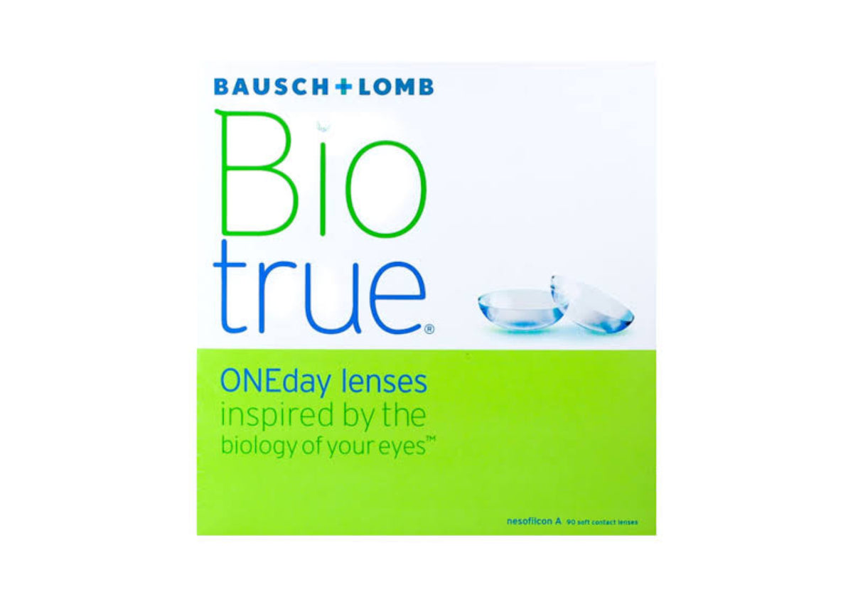 Bausch + Lomb Bio True ONEday contact lenses retail box, featuring a white top half with blue and green branding and a bright green bottom half with product text.