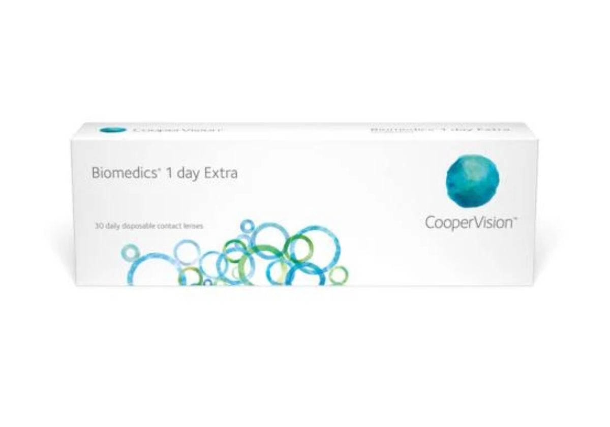 Box of Biomedics 1 day Extra contact lenses by CooperVision on a white background