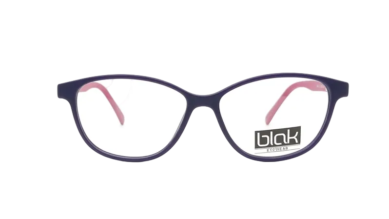 A pair of cat-eye eyeglasses with a dark purple frame, pink inner temple arms, and a 'blak' brand sticker on the right lens, set against a plain white background.