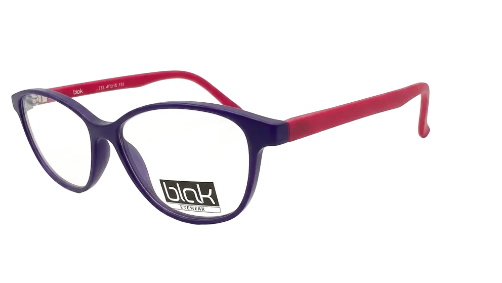 Oversized cat-eye eyeglasses with a dark purple front frame and bright red temples, featuring a black and white 'blak' logo sticker on the lower right lens.