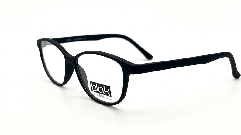 Black full-rim eyeglasses with a matte finish and clear lenses, displayed on a clean white background.