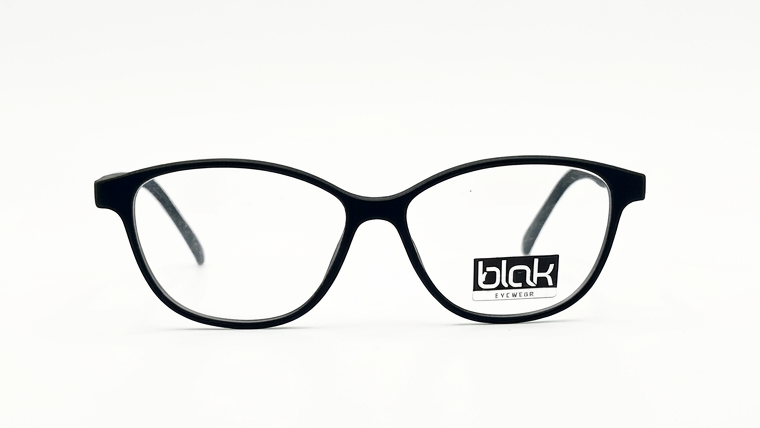 Black cat-eye eyeglasses with clear lenses and a visible 'black' brand logo on the lower right frame, set against a plain white background.