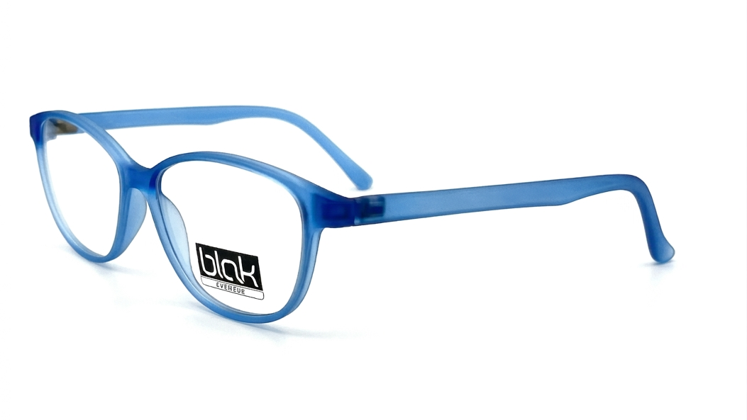 Blue acetate eyeglass frames with a rounded cat-eye shape and clear lenses, featuring a black and white 'blak' brand logo on the lower left lens, set against a plain white background.