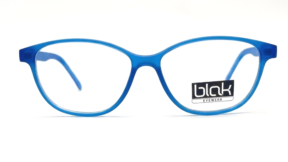 Blue translucent cat-eye eyeglasses with a black and white 'blak eyewear' logo sticker on the right lens, shown against a plain white background.