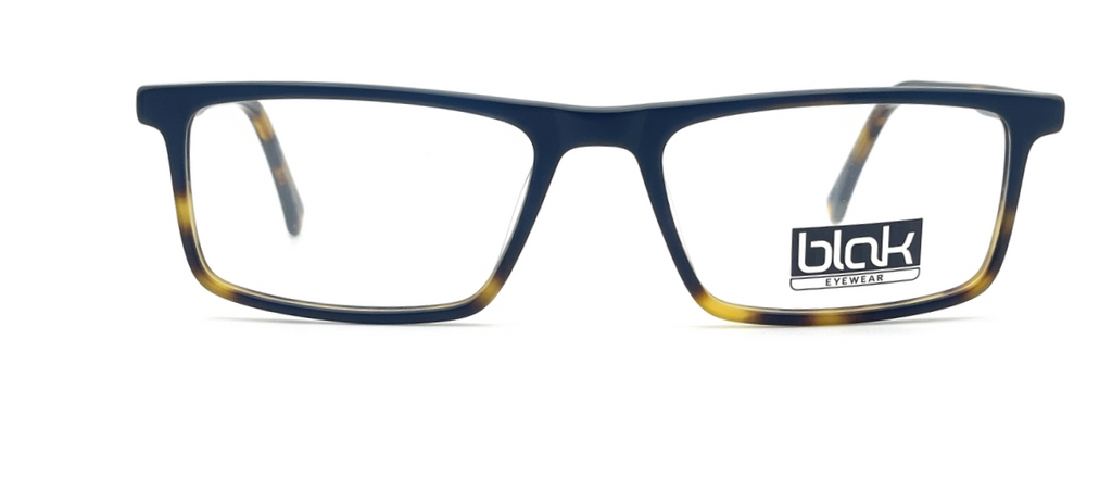 A pair of square eyeglasses with a dark navy blue frame and tortoiseshell acetate temples, featuring a black and white 'blak. eyewear' logo sticker on the right lens.